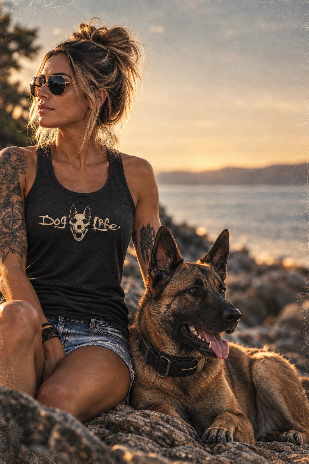 Woman in a Dog Life tank top beside her dog at sunset